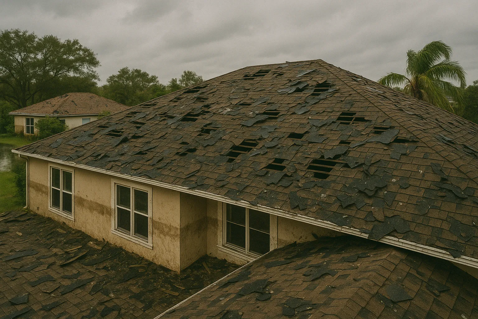Roof damage showing wind-damaged shingles on a Florida home